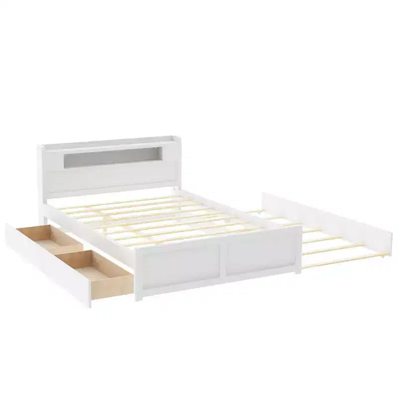 Lit plateforme Queen size avec lit gigogne, 2 tiroirs de rangement et tête de lit LED
