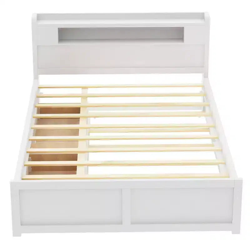 Lit plateforme Queen size avec lit gigogne, 2 tiroirs de rangement et tête de lit LED