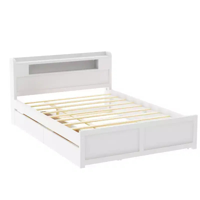 Lit plateforme Queen size avec lit gigogne, 2 tiroirs de rangement et tête de lit LED