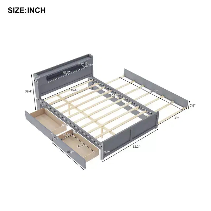 Lit plateforme Queen size avec lit gigogne, 2 tiroirs de rangement et tête de lit LED