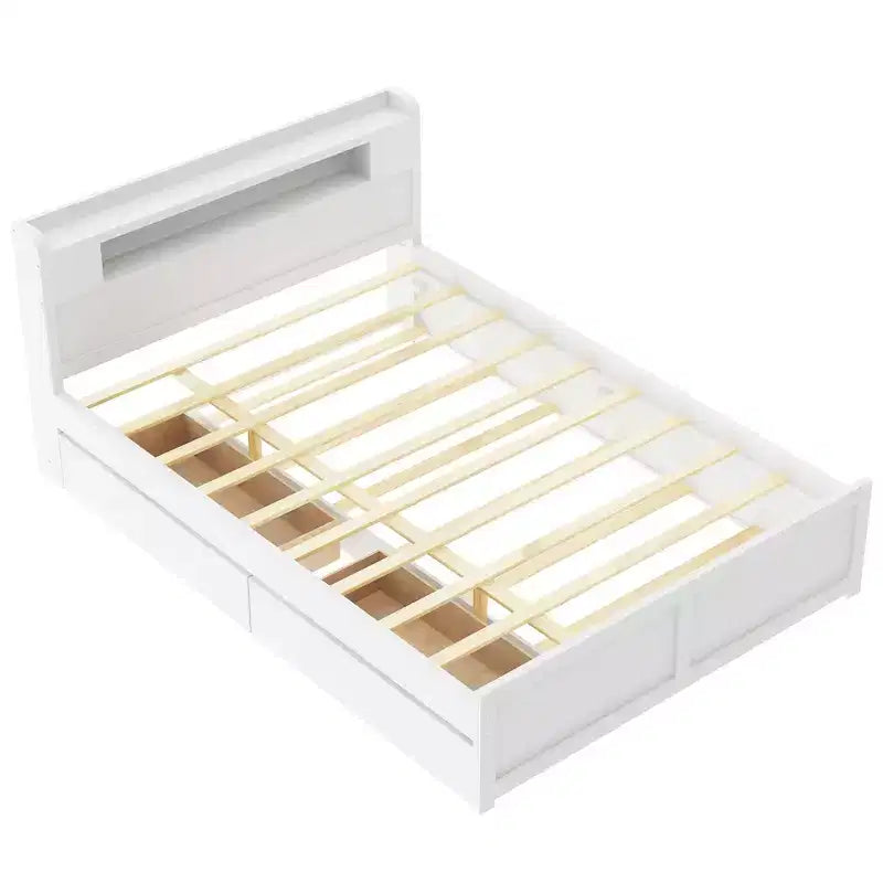 Lit plateforme Queen size avec lit gigogne, 2 tiroirs de rangement et tête de lit LED