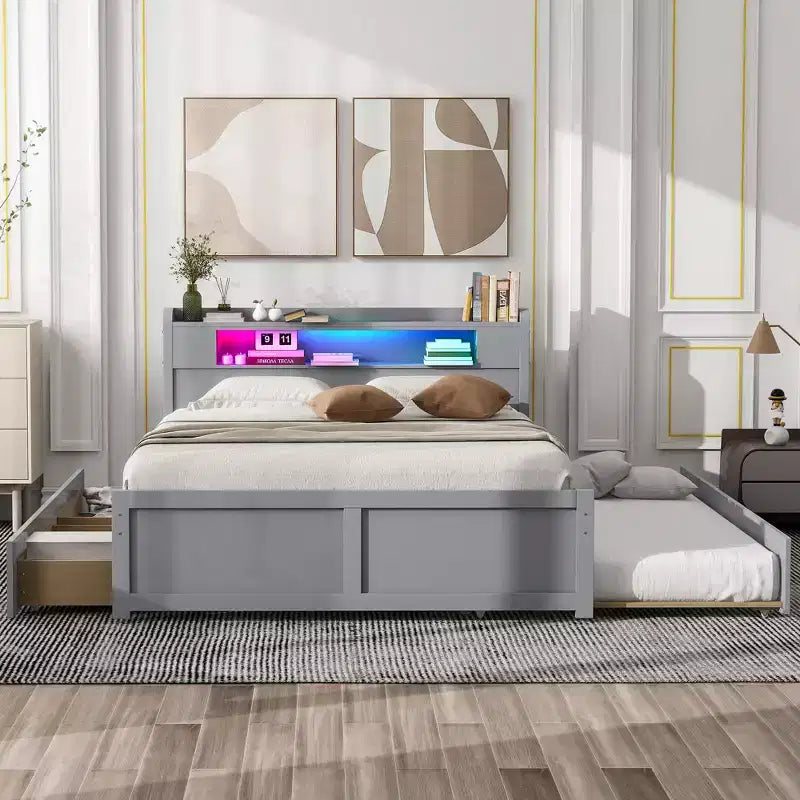 Lit plateforme Queen size avec lit gigogne, 2 tiroirs de rangement et tête de lit LED