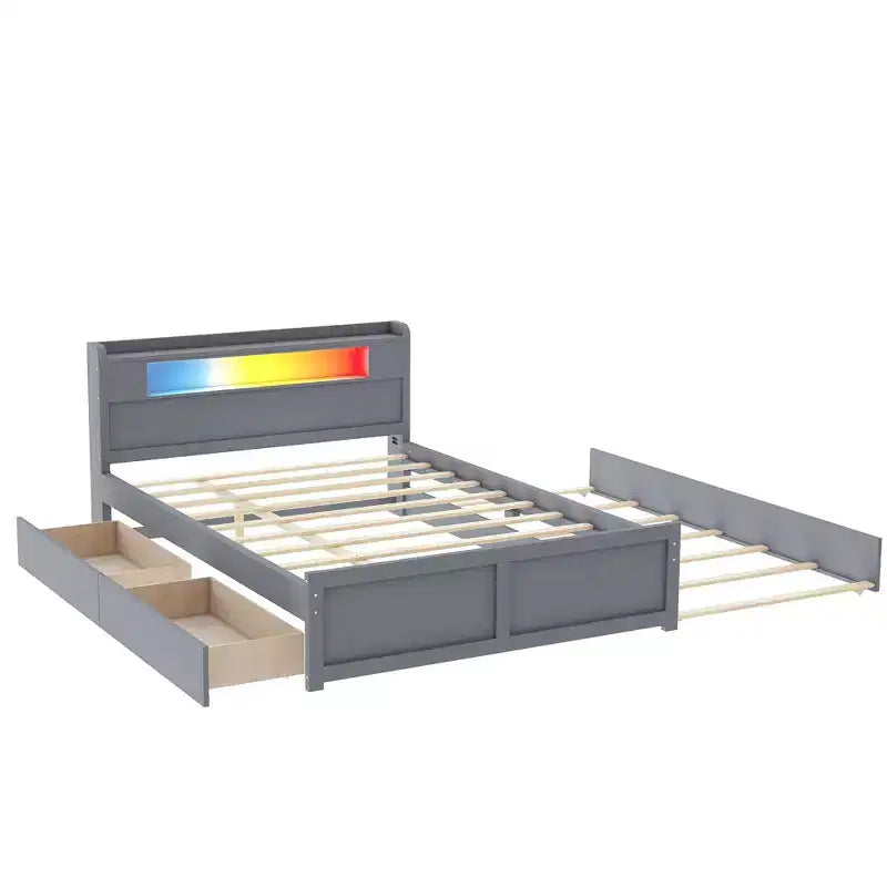 Lit plateforme Queen size avec lit gigogne, 2 tiroirs de rangement et tête de lit LED