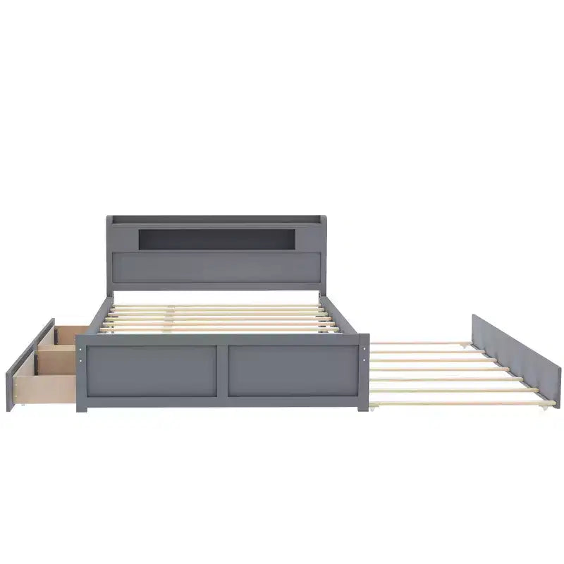 Lit plateforme Queen size avec lit gigogne, 2 tiroirs de rangement et tête de lit LED