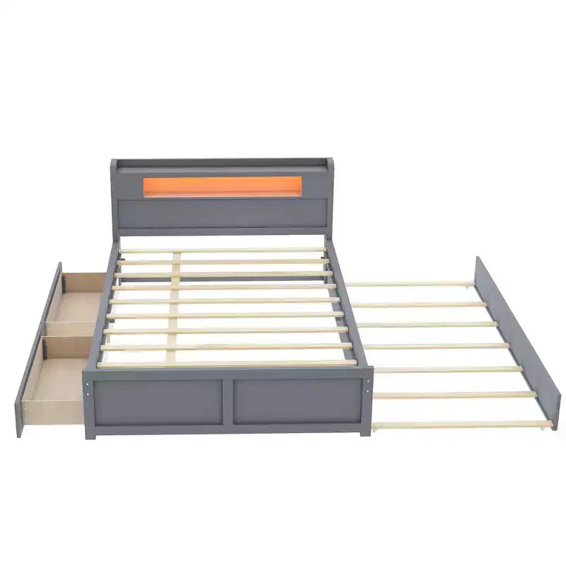Lit plateforme Queen size avec lit gigogne, 2 tiroirs de rangement et tête de lit LED