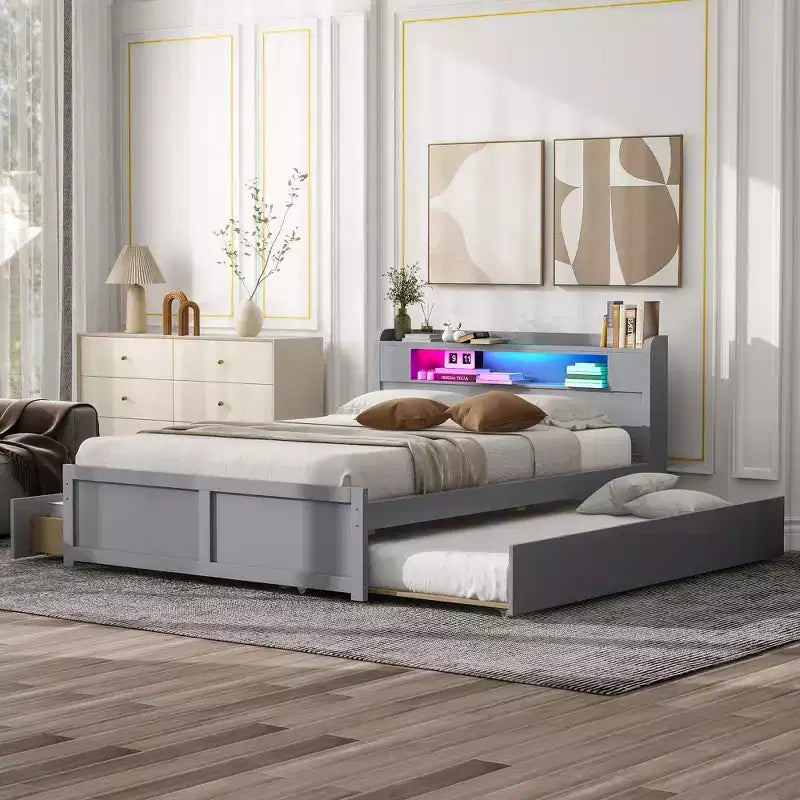 Queen Size Platform Bed with Trundle, Wood Storage Platform Bed with 2 Storage Drawers and LED Light