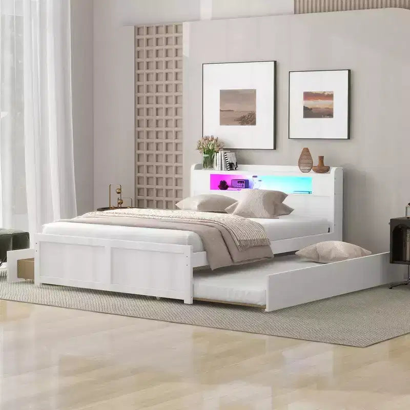 Lit plateforme Queen size avec lit gigogne, 2 tiroirs de rangement et tête de lit LED