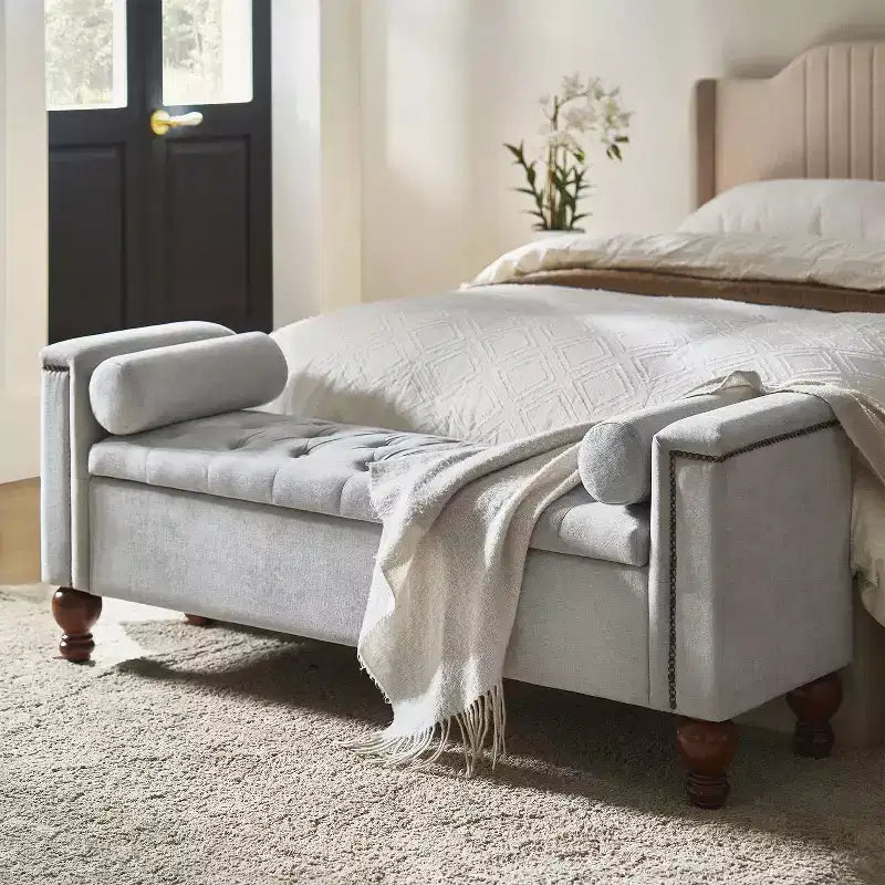 Antonia Storage Bench with Two Circular Pillows and Solid Wood Legs|ART OF LIVING DESIGNS