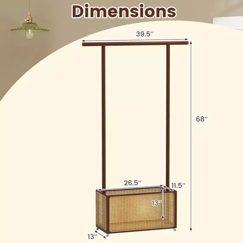 Portant à vêtements en bambou avec panier de rangement en rotin et roulettes, Portant à vêtements mobile, Marron/Beige