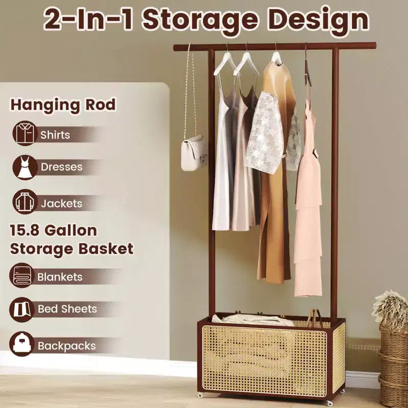 Portant à vêtements en bambou avec panier de rangement en rotin et roulettes, Portant à vêtements mobile, Marron/Beige
