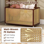 Portant à vêtements en bambou avec panier de rangement en rotin et roulettes, Portant à vêtements mobile, Marron/Beige