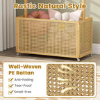 Portant à vêtements en bambou avec panier de rangement en rotin et roulettes, Portant à vêtements mobile, Marron/Beige