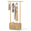 Costway Bamboo Clothes Rack with Rattan Storage Basket & Wheels, Rolling Garment Rack Brown/Beige