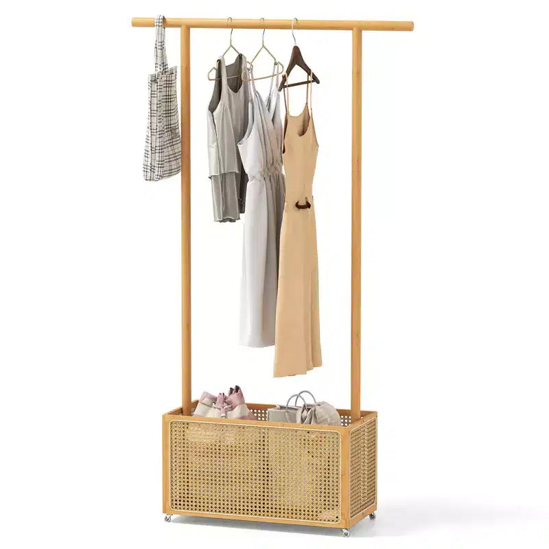 Costway Bamboo Clothes Rack with Rattan Storage Basket & Wheels, Rolling Garment Rack Brown/Beige