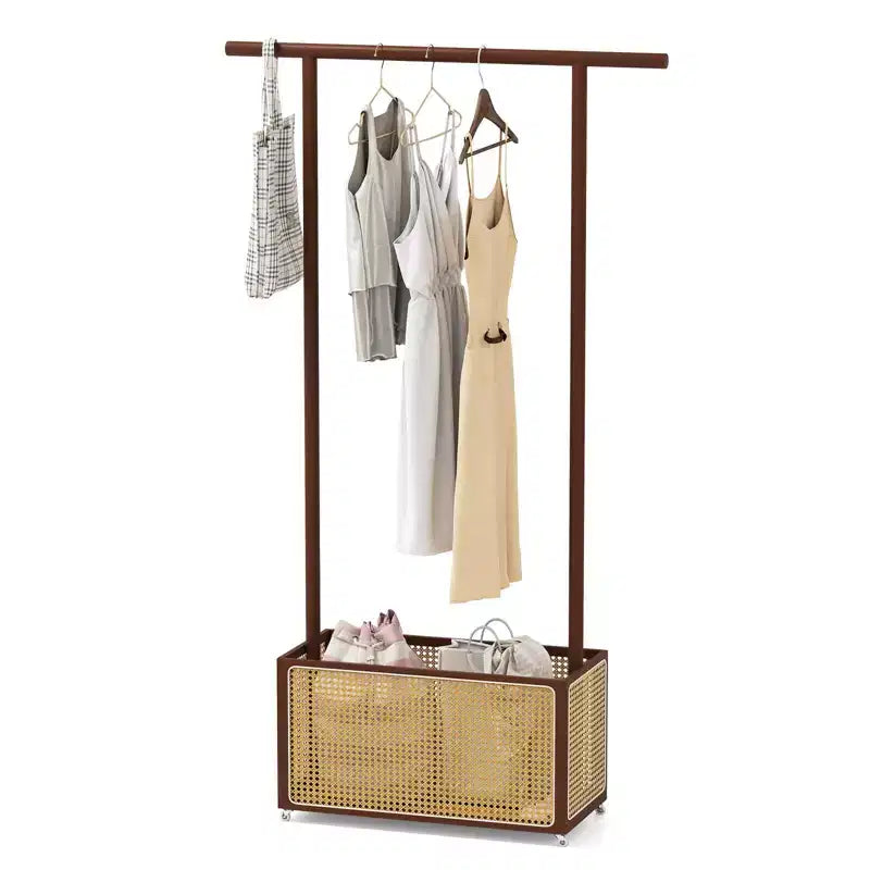 Portant à vêtements en bambou avec panier de rangement en rotin et roulettes, Portant à vêtements mobile, Marron/Beige
