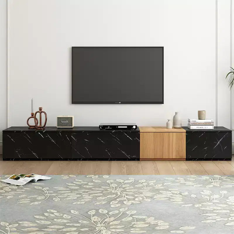 Modern TV Stand for Up to 88 TVs, Walnut & Marble Finish, 4-Drawer Media Console for Living Room