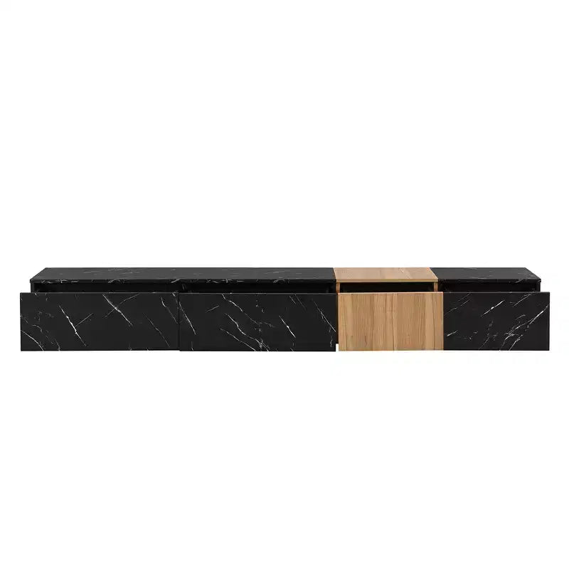 Meuble TV de 200 cm avec 4 tiroirs, compatible avec les téléviseurs jusqu'à 224 cm, finition imitation marbre et noyer