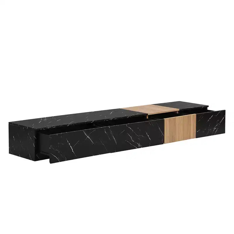Meuble TV de 200 cm avec 4 tiroirs, compatible avec les téléviseurs jusqu'à 224 cm, finition imitation marbre et noyer