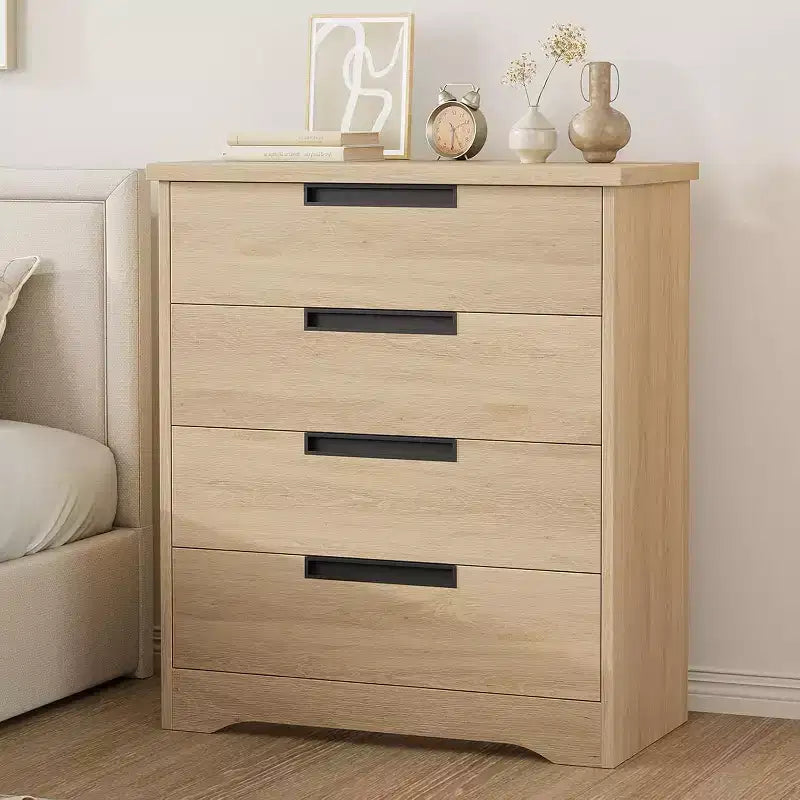 Embedded-handle design four-drawer cabinet, wooden drawer unit, space-saving compact storage cabinet, suitable for living rooms and hallways.