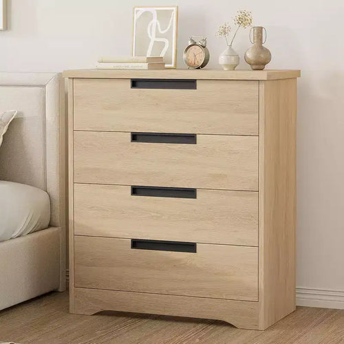 Embedded-handle design four-drawer cabinet, wooden drawer unit, space-saving compact storage cabinet, suitable for living rooms and hallways.