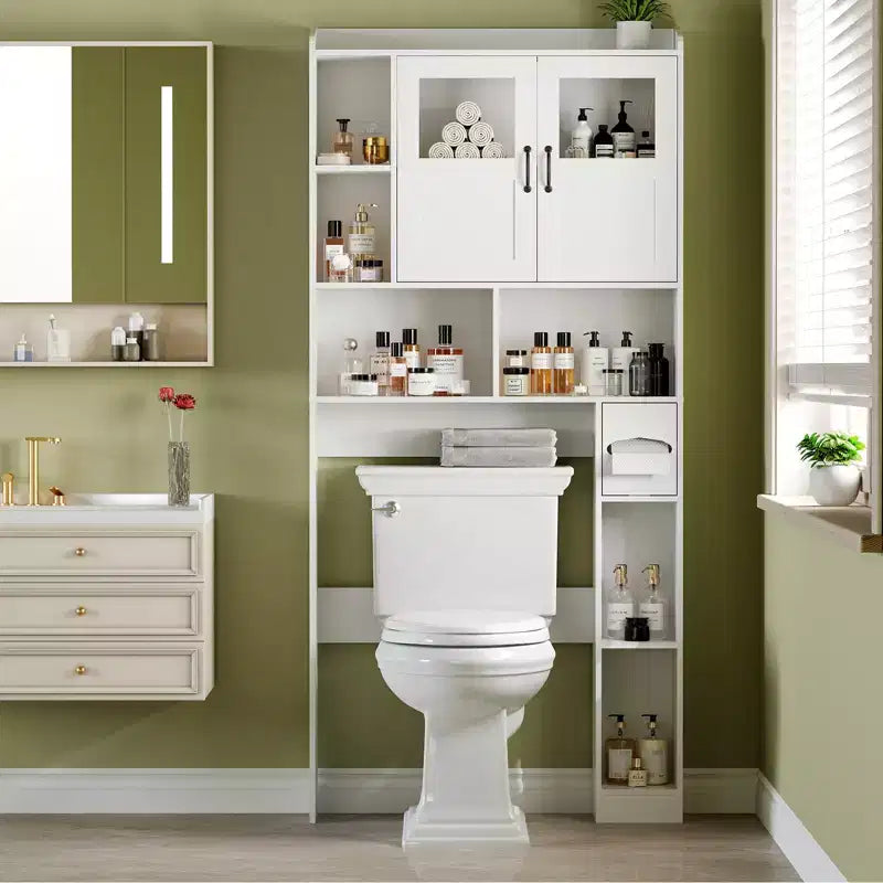 Meuble de rangement de ferme au-dessus des toilettes avec portes de grange et porte-rouleau de papier toilette
