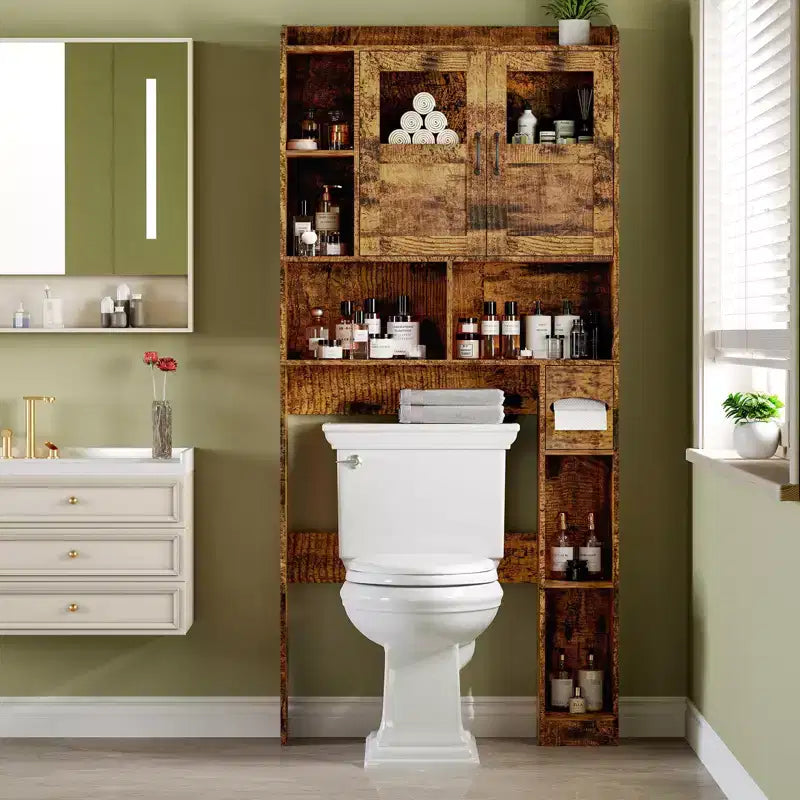 Meuble de rangement de ferme au-dessus des toilettes avec portes de grange et porte-rouleau de papier toilette
