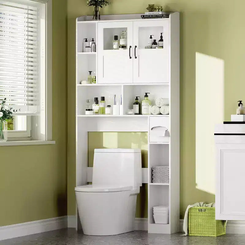 Meuble de rangement de ferme au-dessus des toilettes avec portes de grange et porte-rouleau de papier toilette