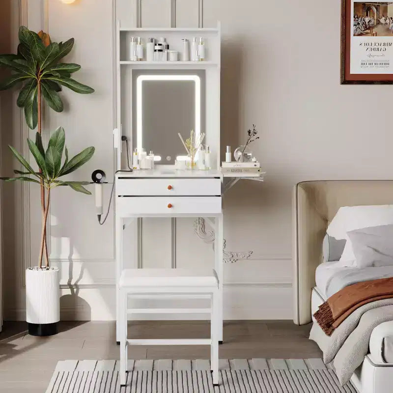 Petite coiffeuse de maquillage avec miroir éclairé, support pour sèche-cheveux, 2 tiroirs et panneau rabattable
