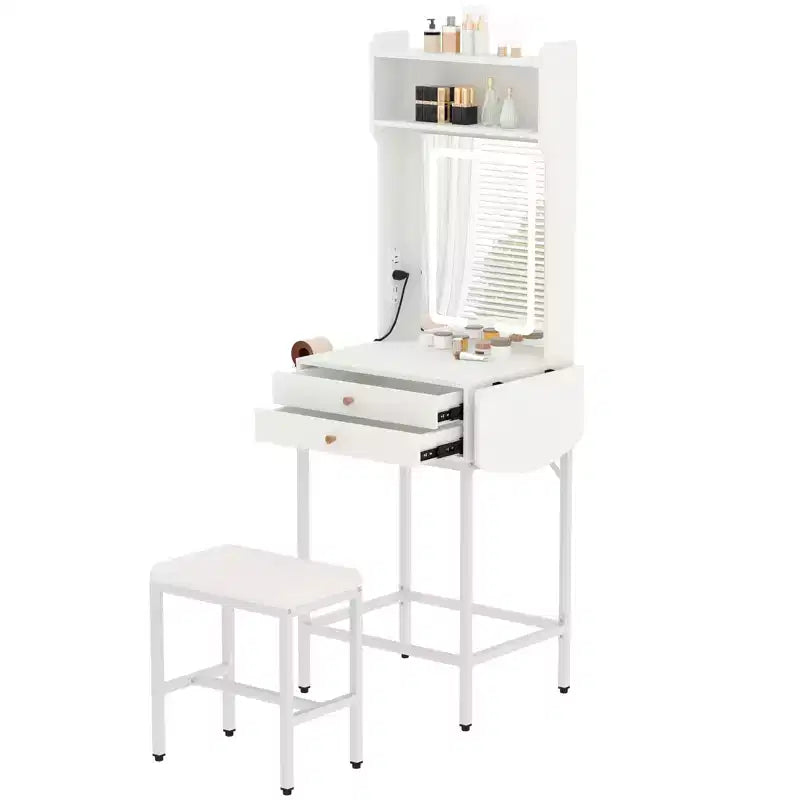 Petite coiffeuse de maquillage avec miroir éclairé, support pour sèche-cheveux, 2 tiroirs et panneau rabattable
