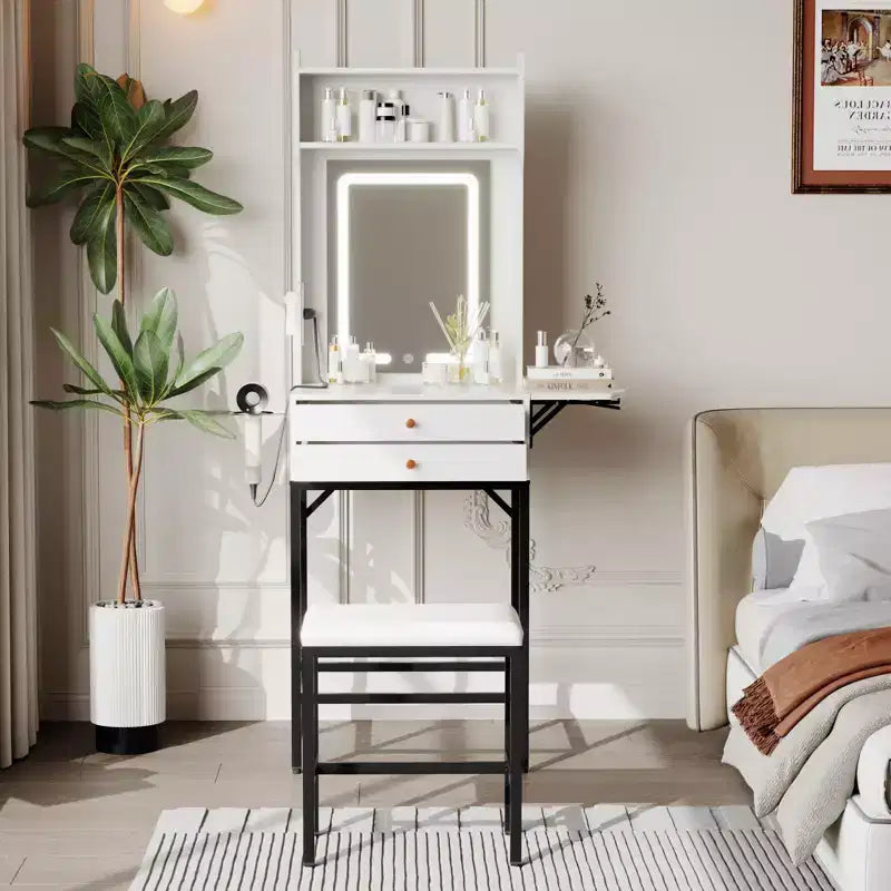 Petite coiffeuse de maquillage avec miroir éclairé, support pour sèche-cheveux, 2 tiroirs et panneau rabattable