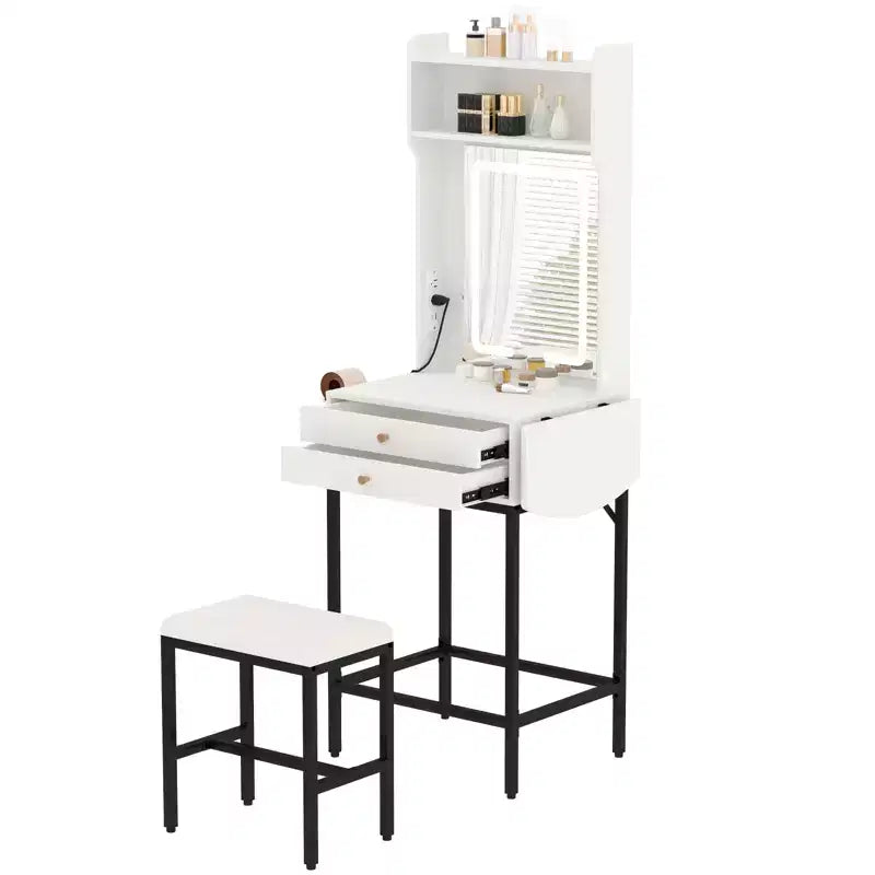 Petite coiffeuse de maquillage avec miroir éclairé, support pour sèche-cheveux, 2 tiroirs et panneau rabattable