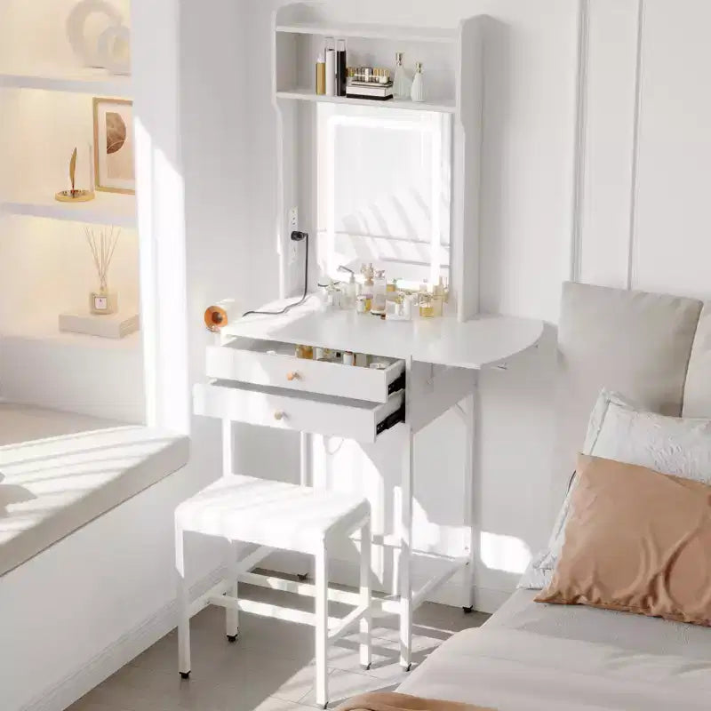 Petite coiffeuse de maquillage avec miroir éclairé, support pour sèche-cheveux, 2 tiroirs et panneau rabattable