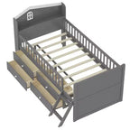 Lit mezzanine bas double avec 4 tiroirs de rangement, barrière de sécurité, tête de lit et échelle