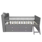 Lit mezzanine bas double avec 4 tiroirs de rangement, barrière de sécurité, tête de lit et échelle