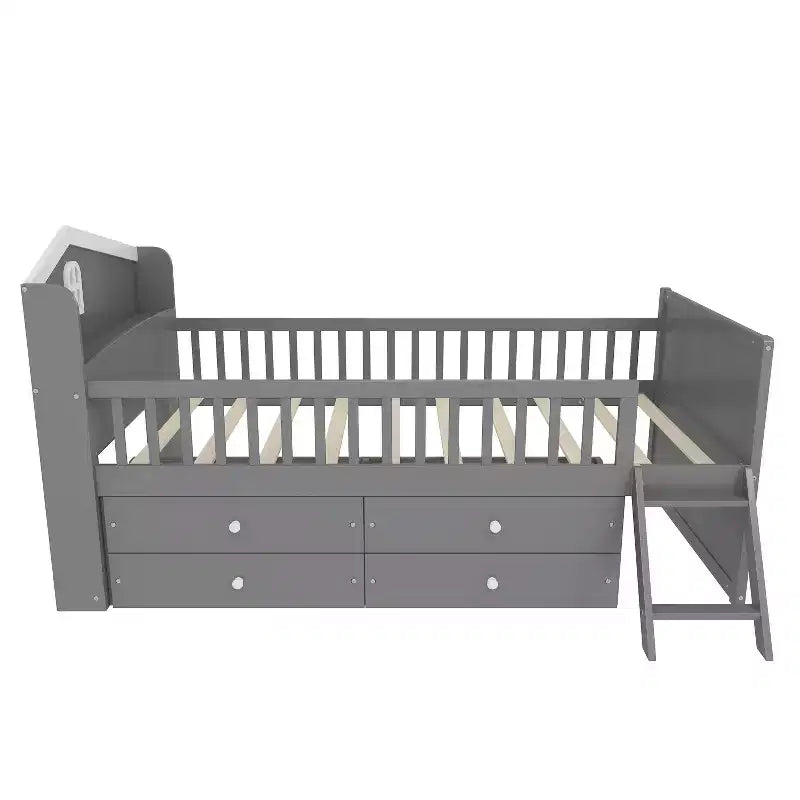 Lit mezzanine bas double avec 4 tiroirs de rangement, barrière de sécurité, tête de lit et échelle