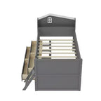 Lit mezzanine bas double avec 4 tiroirs de rangement, barrière de sécurité, tête de lit et échelle