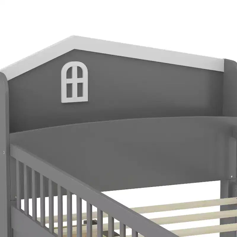 Lit mezzanine bas double avec 4 tiroirs de rangement, barrière de sécurité, tête de lit et échelle