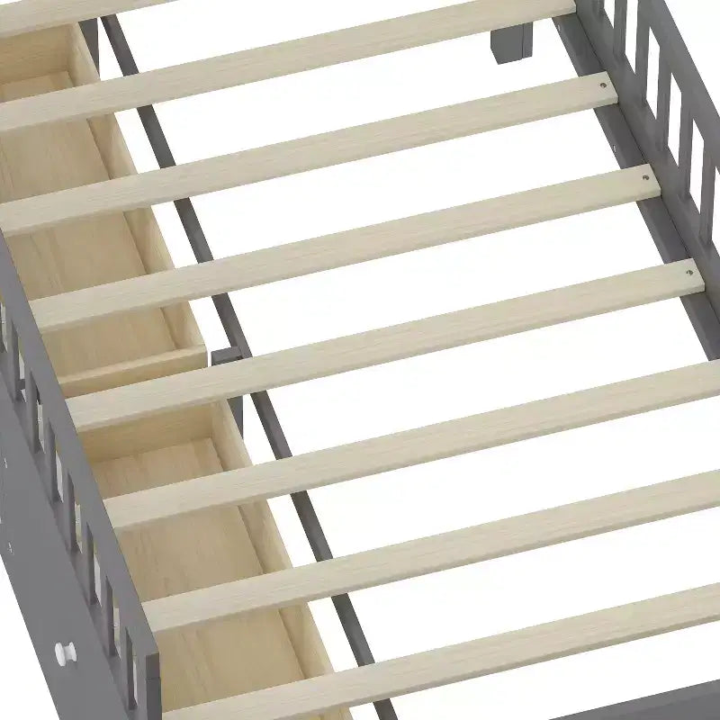Lit mezzanine bas double avec 4 tiroirs de rangement, barrière de sécurité, tête de lit et échelle