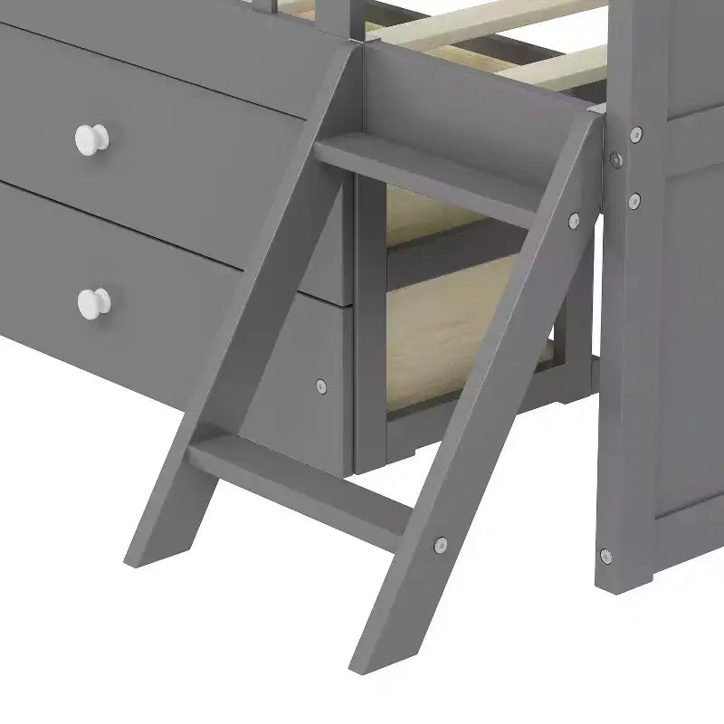 Lit mezzanine bas double avec 4 tiroirs de rangement, barrière de sécurité, tête de lit et échelle