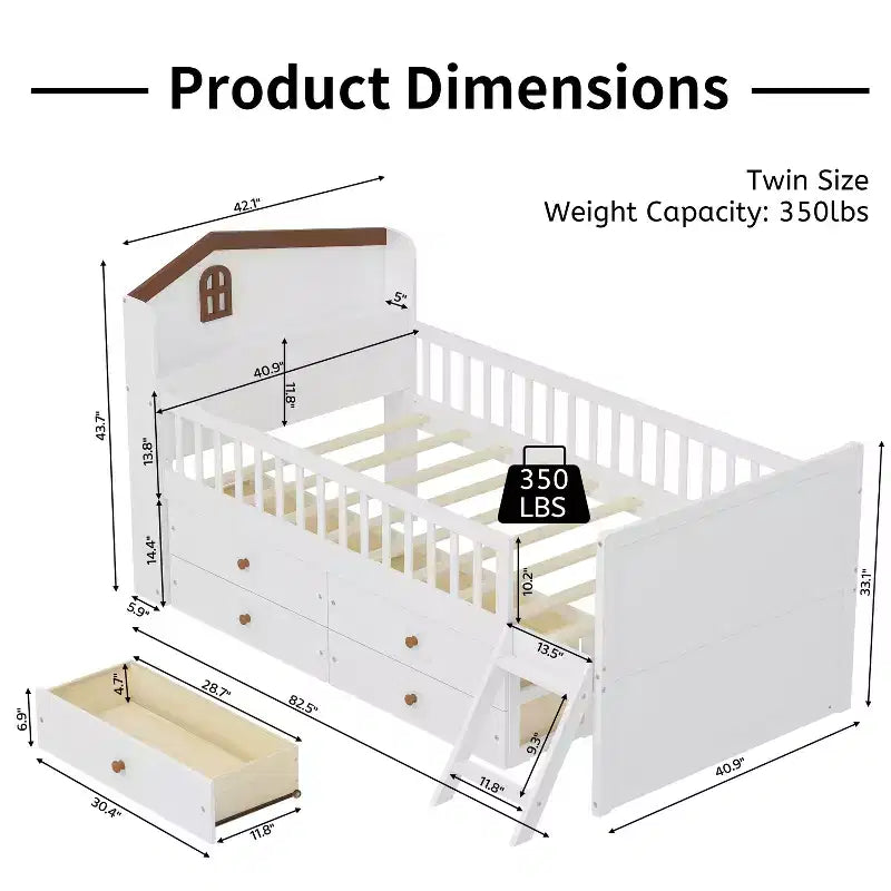 Lit mezzanine bas double avec 4 tiroirs de rangement, barrière de sécurité, tête de lit et échelle