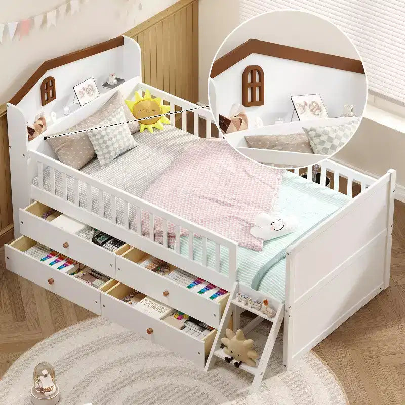 Lit mezzanine bas double avec 4 tiroirs de rangement, barrière de sécurité, tête de lit et échelle