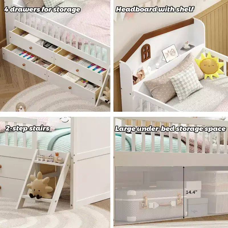 Lit mezzanine bas double avec 4 tiroirs de rangement, barrière de sécurité, tête de lit et échelle