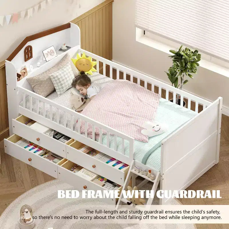 Lit mezzanine bas double avec 4 tiroirs de rangement, barrière de sécurité, tête de lit et échelle