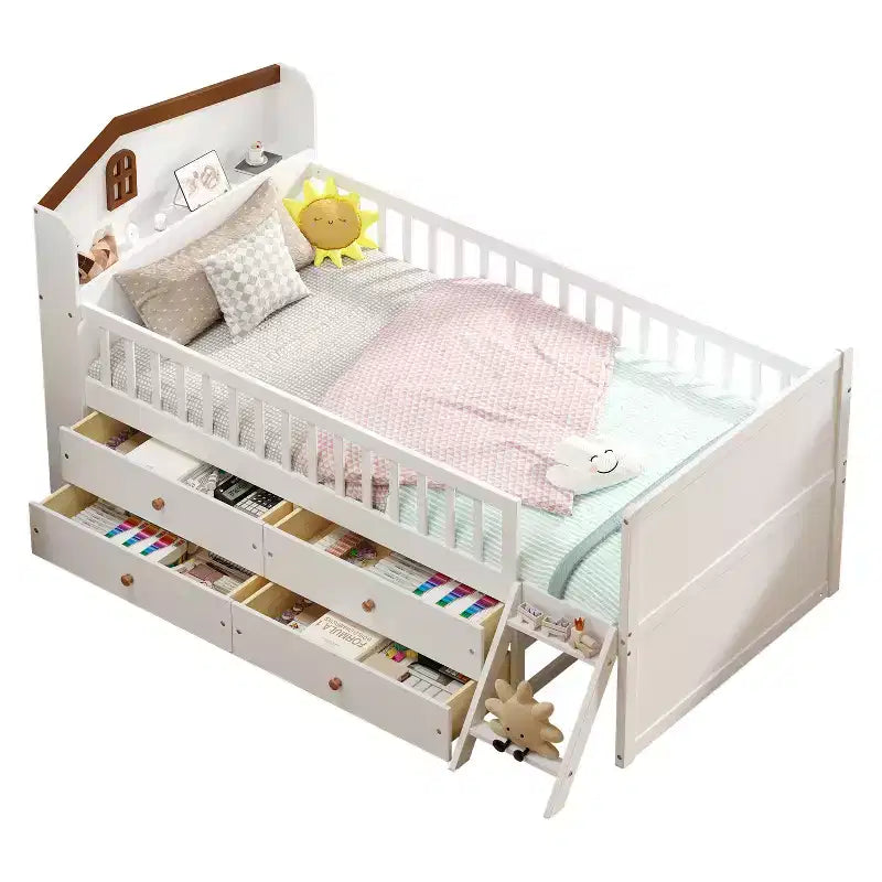 Lit mezzanine bas double avec 4 tiroirs de rangement, barrière de sécurité, tête de lit et échelle