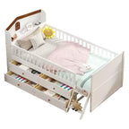 Lit mezzanine bas double avec 4 tiroirs de rangement, barrière de sécurité, tête de lit et échelle