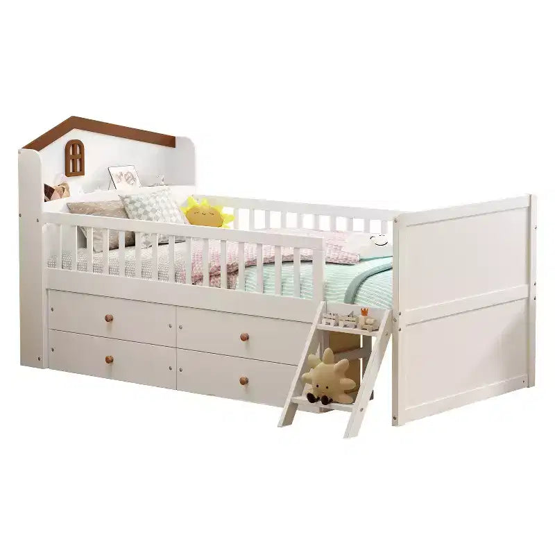Lit mezzanine bas double avec 4 tiroirs de rangement, barrière de sécurité, tête de lit et échelle