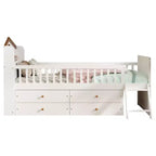 Lit mezzanine bas double avec 4 tiroirs de rangement, barrière de sécurité, tête de lit et échelle