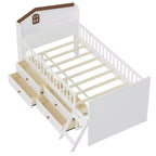 Lit mezzanine bas double avec 4 tiroirs de rangement, barrière de sécurité, tête de lit et échelle