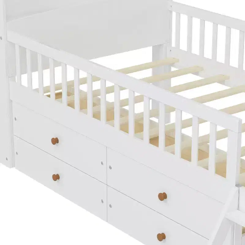 Lit mezzanine bas double avec 4 tiroirs de rangement, barrière de sécurité, tête de lit et échelle