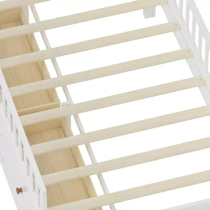 Lit mezzanine bas double avec 4 tiroirs de rangement, barrière de sécurité, tête de lit et échelle